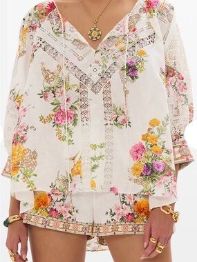 Camilla White Floral Lace V-Neck Tunic with Pink, Yellow & Green Accents